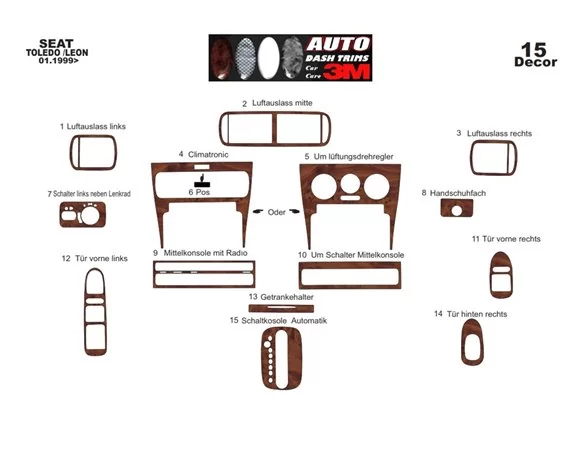 Seat Toledo-Leon 1M 01.99-03.04 3D Interior Dashboard Trim Kit Dash Trim Dekor 15-Parts