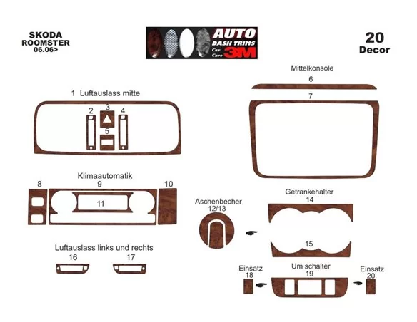 Skoda Fabia 5J Roomster 06.2006 3D Interior Dashboard Trim Kit Dash Trim Dekor 20-Parts