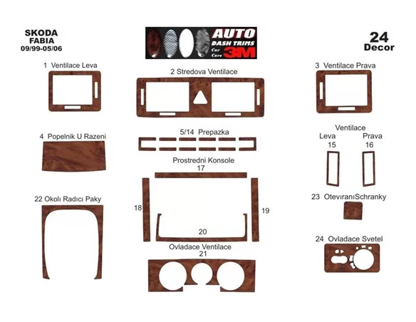 Skoda Fabia 6Y 09.99-05.06 3D Interior Dashboard Trim Kit Dash Trim Dekor 24-Parts