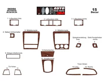 Skoda Octavia A4 1U 06.98-04.04 3D Interior Dashboard Trim Kit Dash Trim Dekor 15-Parts