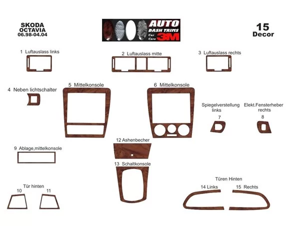 Skoda Octavia A4 1U 06.98-04.04 3D Interior Dashboard Trim Kit Dash Trim Dekor 15-Parts