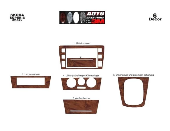 Skoda SuperB 02.02-12.07 3D Interior Dashboard Trim Kit Dash Trim Dekor 6-Parts
