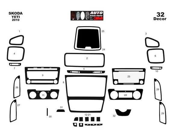 Skoda Yeti 01.2010 3D Interior Dashboard Trim Kit Dash Trim Dekor 36-Parts - 1 - Interior Dash Trim Kit