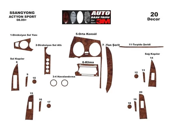 Ssangyong Actyon Sport 08.2009 3D Interior Dashboard Trim Kit Dash Trim Dekor 20-Parts