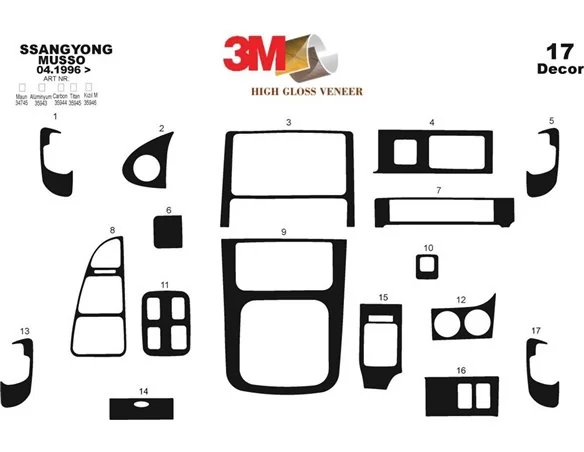 Ssangyong Musso 04.96-12.99 3D Interior Dashboard Trim Kit Dash Trim Dekor 17-Parts