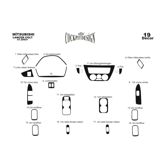 Mitsubishi Lancer 06.02-12.09 3D Interior Dashboard Trim Kit Dash Trim Dekor 19-Parts
