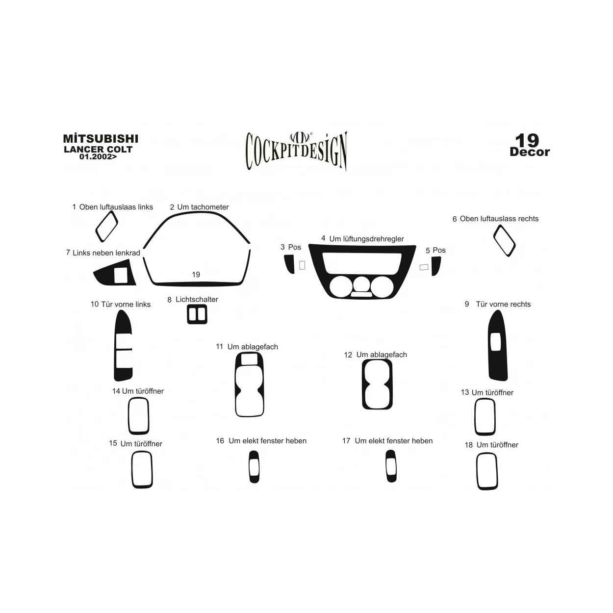 Mitsubishi Lancer 06.02-12.09 3D Interior Dashboard Trim Kit Dash Trim Dekor 19-Parts
