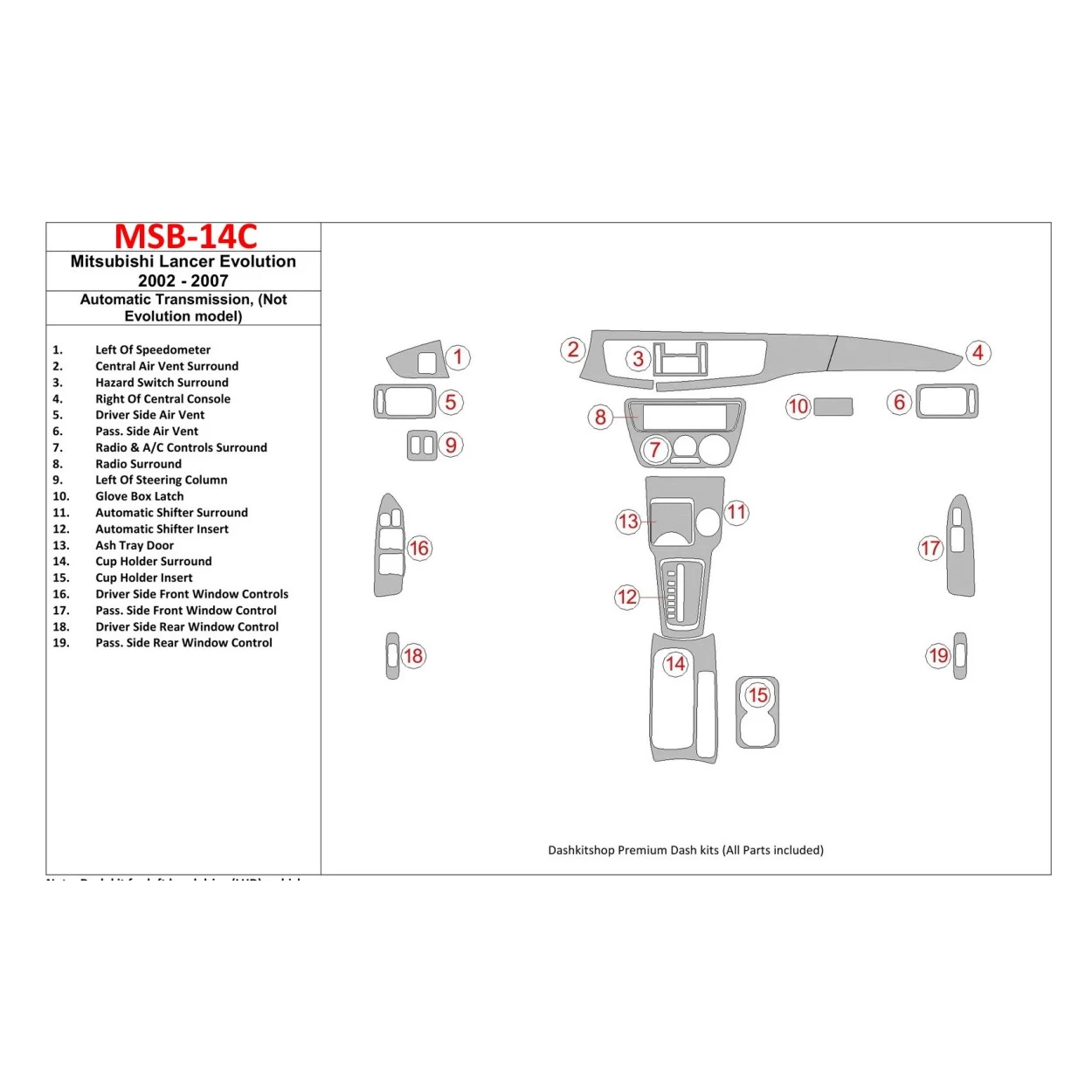 Mitsubishi Lancer 2002-2007 Automatic Gear, (?? EVOLUTION model) Interior BD Dash Trim Kit