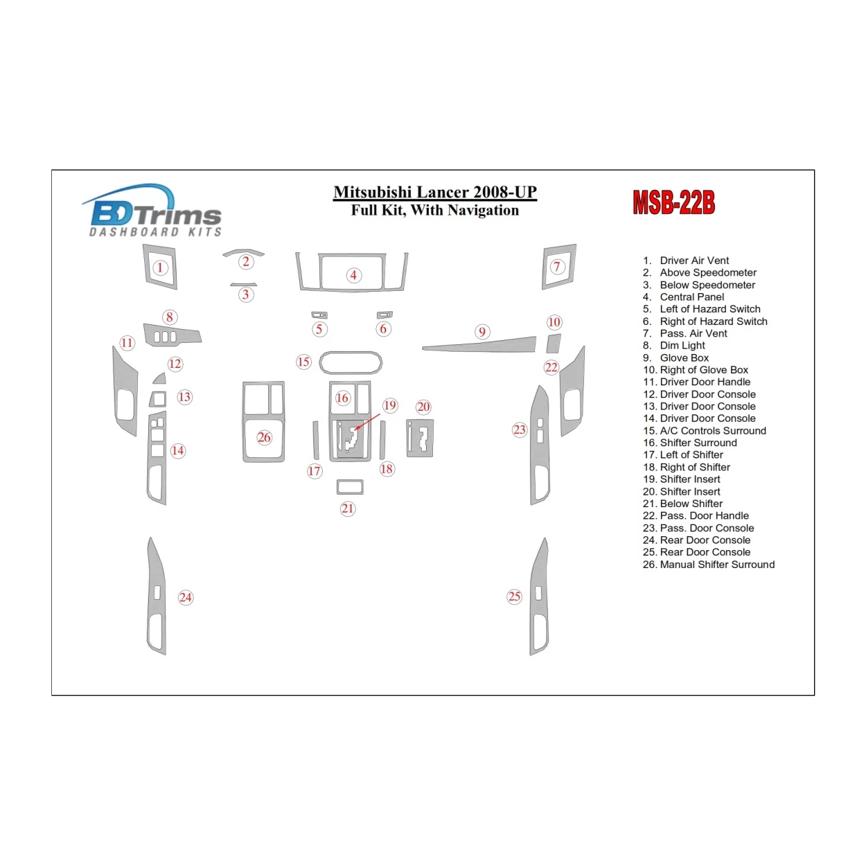 Mitsubishi Lancer 2008-UP Full Set, With NAVI Interior BD Dash Trim Kit