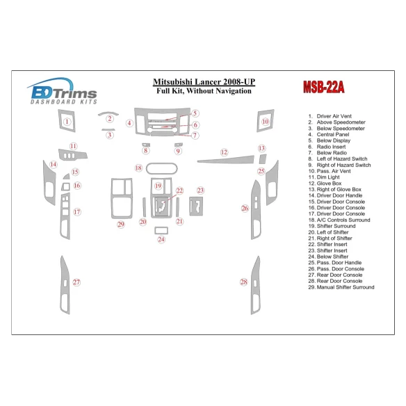 Mitsubishi Lancer 2008-UP Full Set, Without NAVI Interior BD Dash Trim Kit
