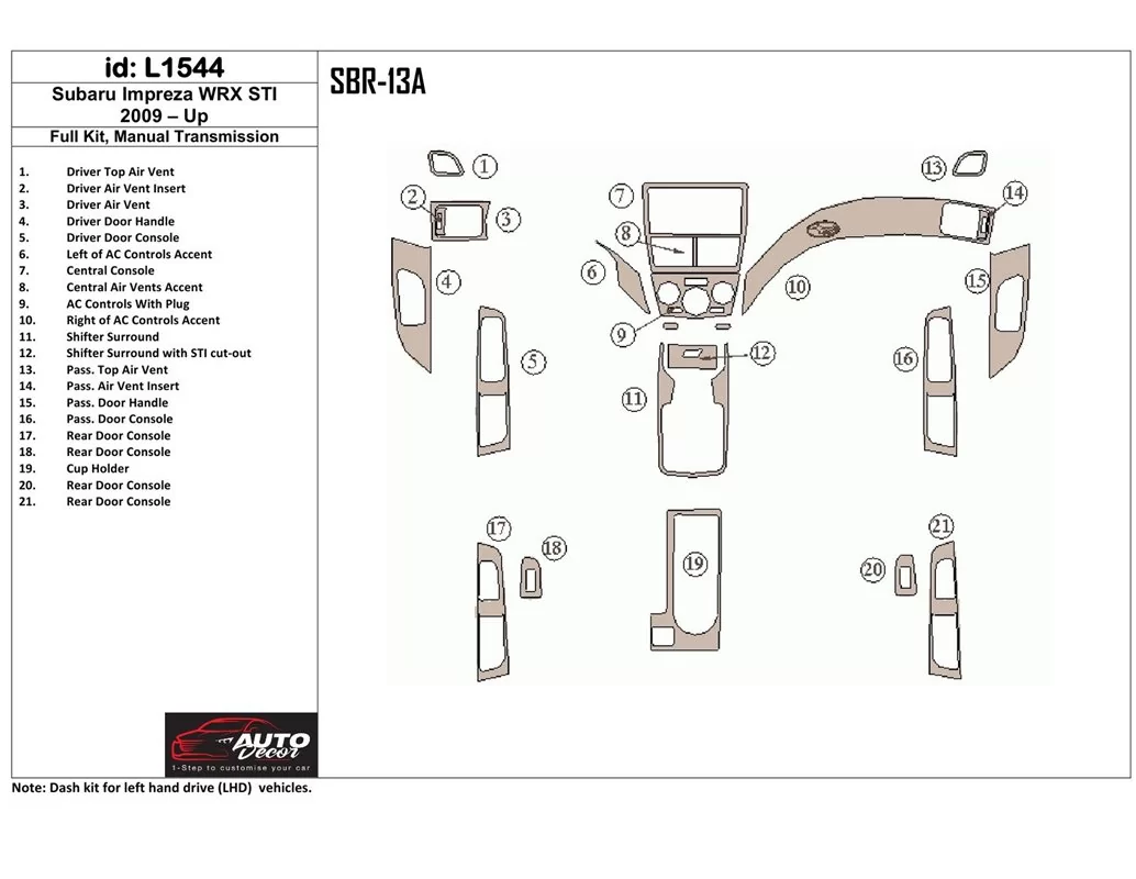Subaru Impreza 2009-UP Full Set, Manual Gear Box Interior BD Dash Trim Kit - 1 - Interior Dash Trim Kit