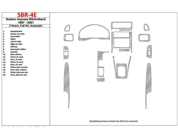 Subaru Impreza RS 1997-UP 2 Doors, Automatic Gearbox, Full Set, 18 Parts set Interior BD Dash Trim Kit - 1 - Interior Dash Trim 