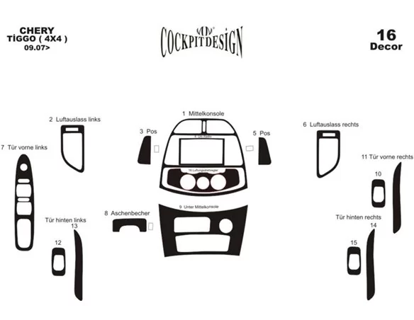 Chery Tiggo 4x4 09.2007 3D Interior Dashboard Trim Kit Dash Trim Dekor 16-Parts - 1 - Interior Dash Trim Kit