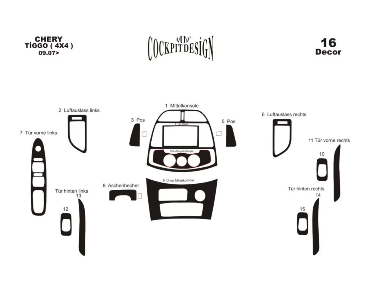 Chery Tiggo 4x4 09.2007 3D Interior Dashboard Trim Kit Dash Trim Dekor 16-Parts - 1 - Interior Dash Trim Kit