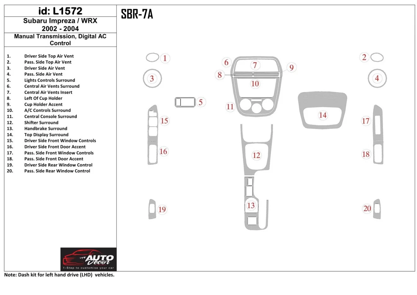 Subaru Impreza/WRX 2002-2004 Manual Gear Box, Automatic AC Control Interior BD Dash Trim Kit - 1 - Interior Dash Trim Kit