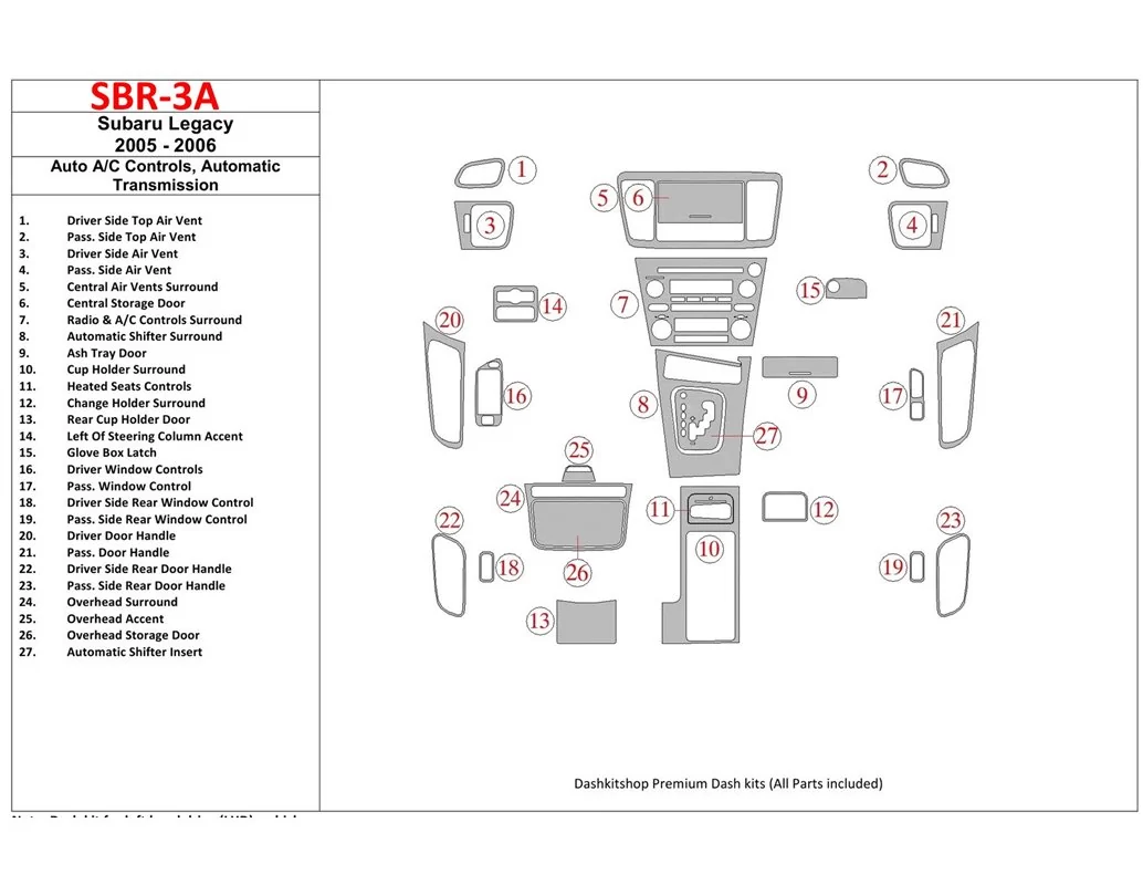 Subaru Legacy 2005-2006 Auto AC Control, Automatic Gear Interior BD Dash Trim Kit - 1 - Interior Dash Trim Kit