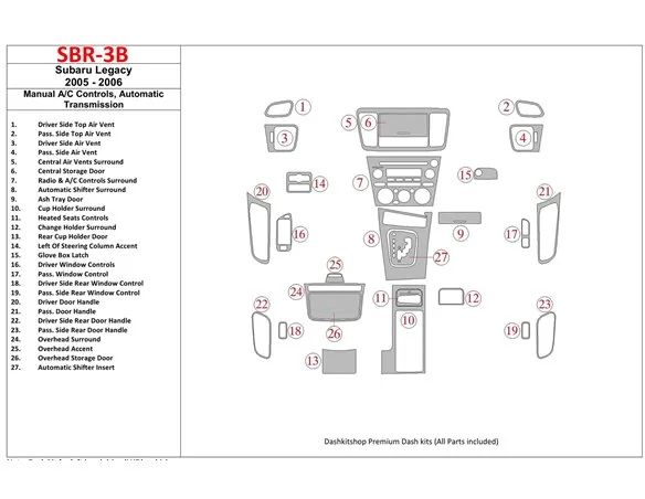 Subaru Legacy 2005-2006 Manual Gearbox AC Control, Automatic Gear Interior BD Dash Trim Kit - 1 - Interior Dash Trim Kit