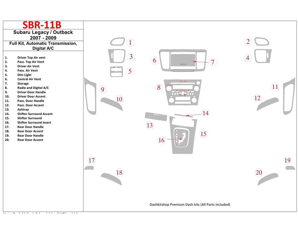 Subaru Legacy 2007-2009 Full Set, Automatic Gear, Automatic AC Interior BD Dash Trim Kit - 1 - Interior Dash Trim Kit