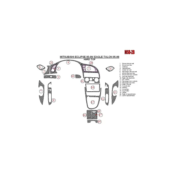Mitsubishi Spyder 1995-1999 Soft roof-Coupe, 21 Parts set Interior BD Dash Trim Kit