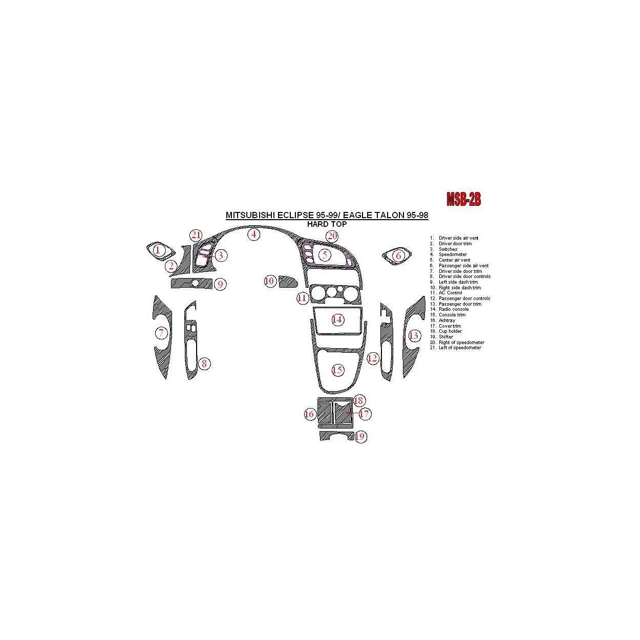 Mitsubishi Spyder 1995-1999 Soft roof-Coupe, 21 Parts set Interior BD Dash Trim Kit