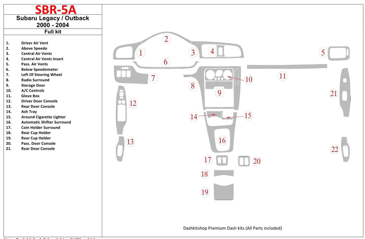 Subaru Legacy Outback 2000-2004 Without OEM Wood Kit Interior BD Dash Trim Kit - 1 - Interior Dash Trim Kit