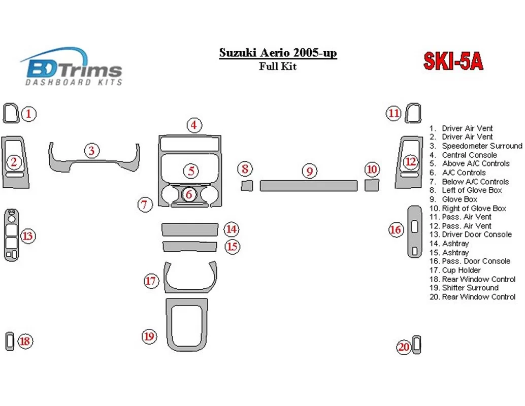 Suzuki Aerio 2005-UP Full Set Interior BD Dash Trim Kit - 1 - Interior Dash Trim Kit
