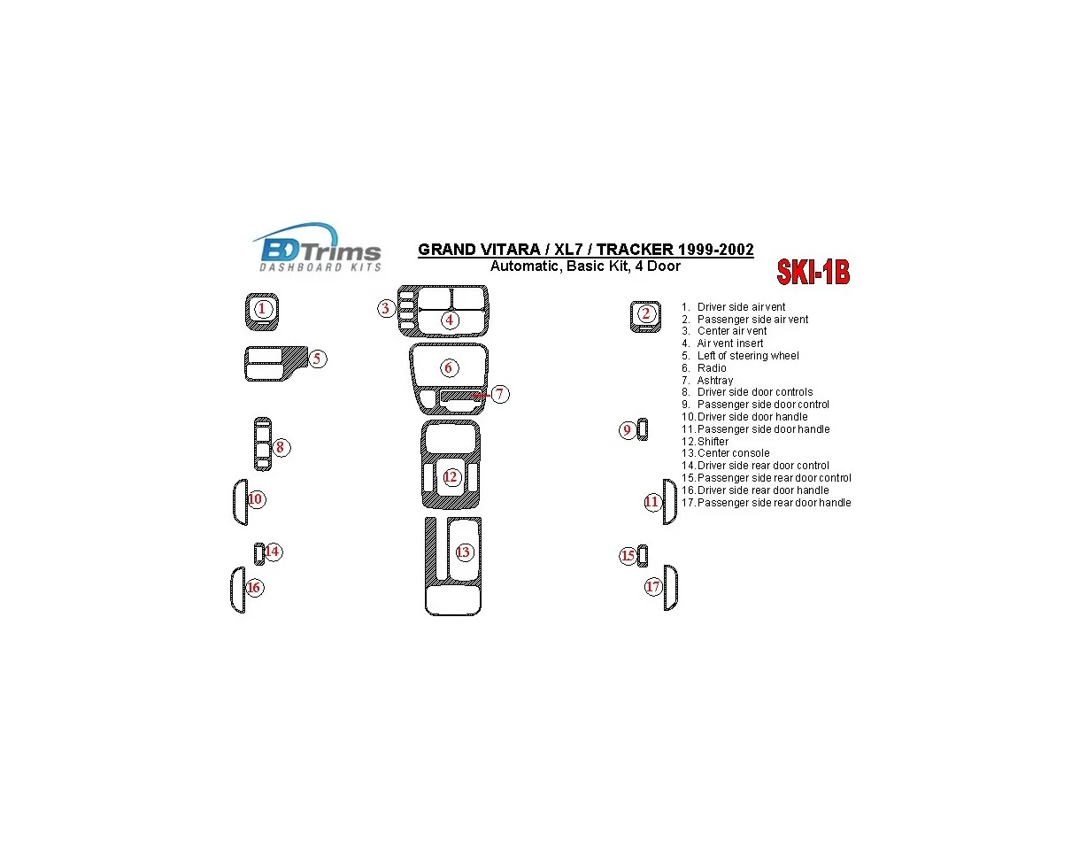 Suzuki Grand Vitara 1999-2002 Suzuki Gr? Vitara/XL7,1999-UP, Automatic Gearbox, Basic Set, 4 Doors Interior BD Dash Trim Kit - 1