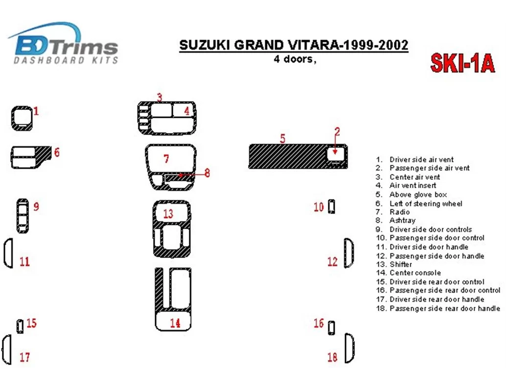 Suzuki Grand Vitara 1999-2002 Suzuki Gr? Vitara/XL7,1999-UP, Automatic Gearbox, Full Set, 4 Doors Interior BD Dash Trim Kit - 1 