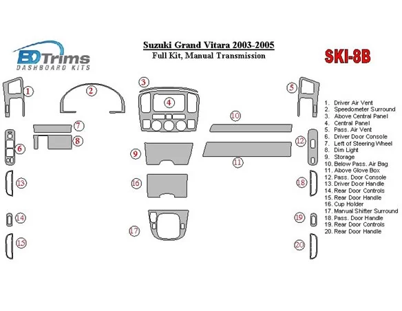 Suzuki Grand Vitara 2003-2005 Full Set, Manual Gear Box Interior BD Dash Trim Kit - 1 - Interior Dash Trim Kit