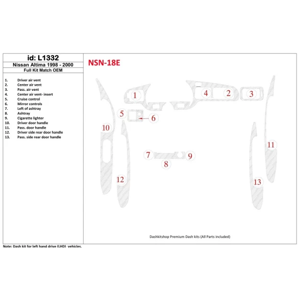 Nissan Altima 1998-2001 Full Set, OEM Compliance, 13 Parts set Interior BD Dash Trim Kit