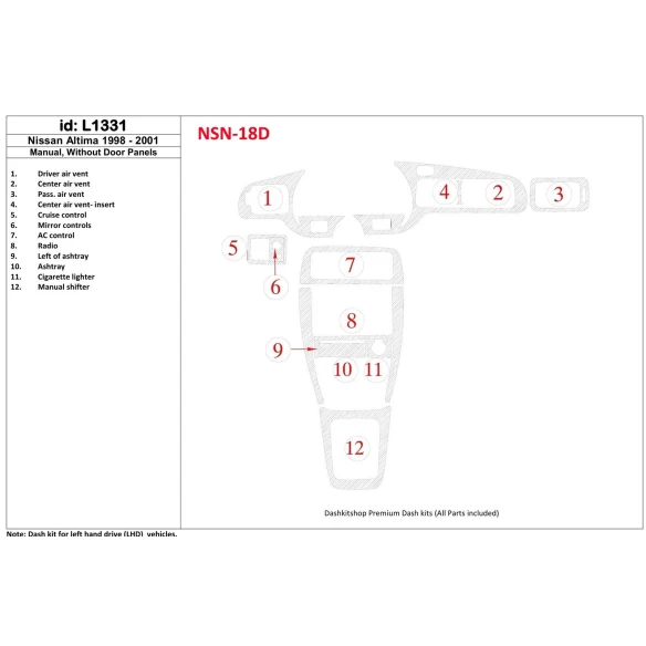 Nissan Altima 1998-2001 Manual Gearbox, Without Door panels,12 Parts set Interior BD Dash Trim Kit