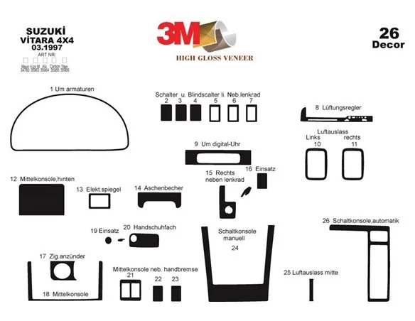 Suzuki Vitara 4x4 03.97-07.05 3D Interior Dashboard Trim Kit Dash Trim Dekor 26-Parts