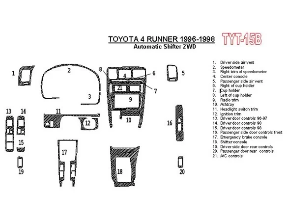 Toyota 4 Runner 1996-1998 Automatic Gearbox, 2WD, 21 Parts set Interior BD Dash Trim Kit - 1 - Interior Dash Trim Kit