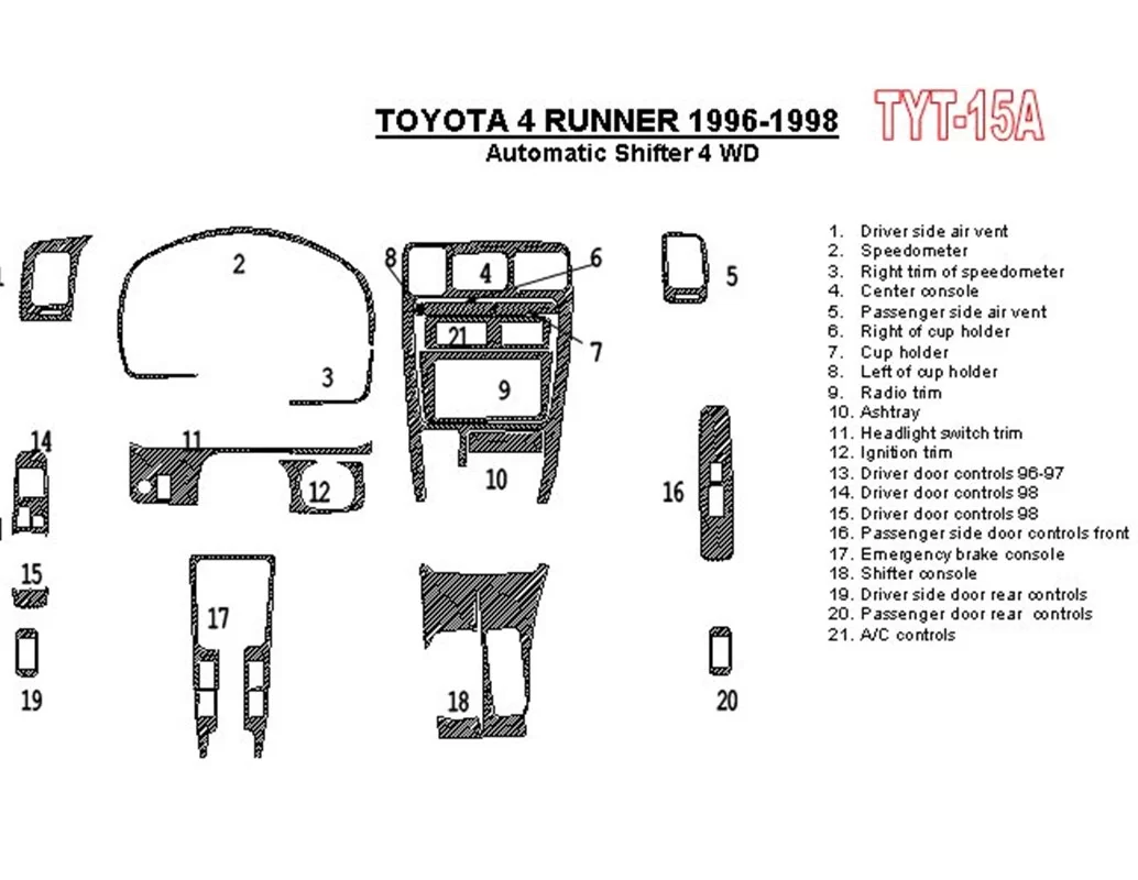 Toyota 4 Runner 1996-1998 Automatic Gearbox, 4WD, 21 Parts set Interior BD Dash Trim Kit - 1 - Interior Dash Trim Kit