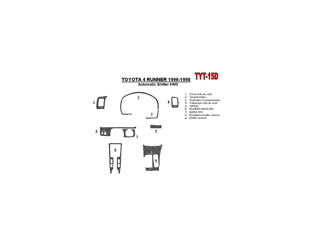 Toyota 4 Runner 1996-1998 Automatic Gearbox, 4WD, OEM Compliance, 10 Parts set Interior BD Dash Trim Kit - 1 - Interior Dash Tri