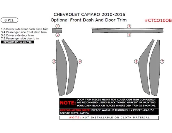 Chevrolet Camaro 2010-2015 interior dash kit, Optional Front Dash And Door Trim, 8 Pcs.