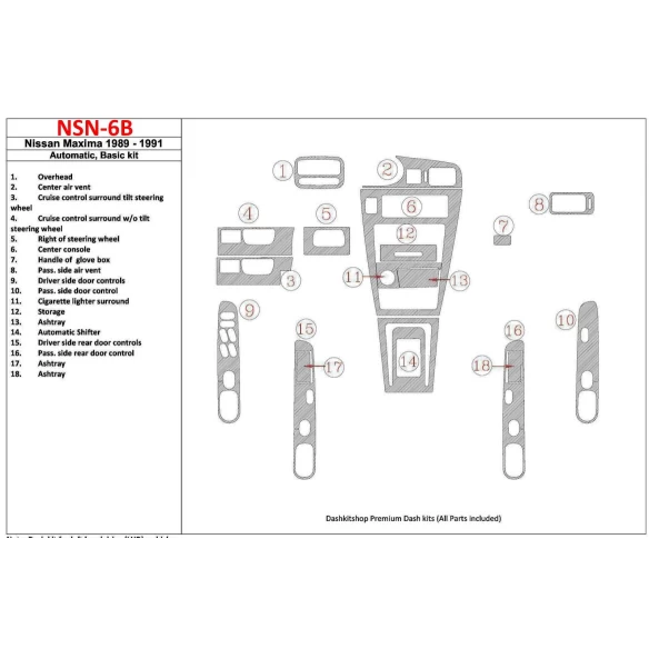 Nissan Maxima 1989-1991 Basic Set, Automatic Gearbox, 18 Parts set Interior BD Dash Trim Kit