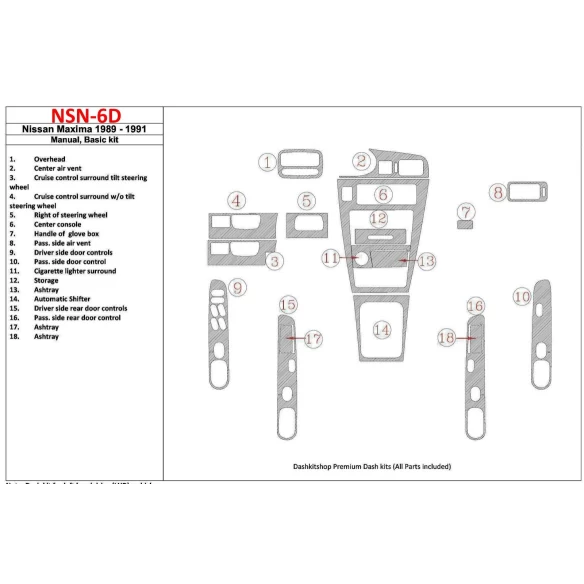 Nissan Maxima 1989-1991 Basic Set, Manual Gearbox, 18 Parts set Interior BD Dash Trim Kit