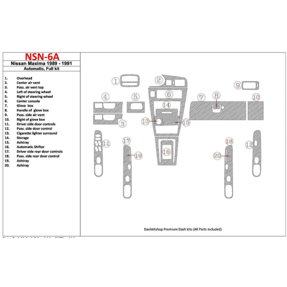 Nissan Maxima 1989-1991 Full Set, Automatic Gearbox, 20 Parts set Interior BD Dash Trim Kit