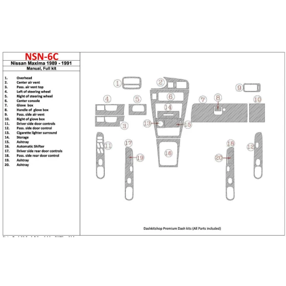 Nissan Maxima 1989-1991 Full Set, Manual Gearbox, 20 Parts set Interior BD Dash Trim Kit