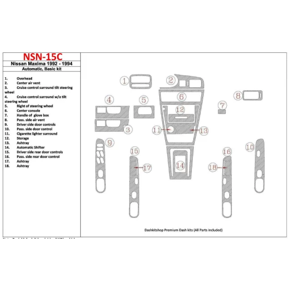 Nissan Maxima 1992-1994 Automatic Gearbox, Basic Set, 18 Parts set Interior BD Dash Trim Kit