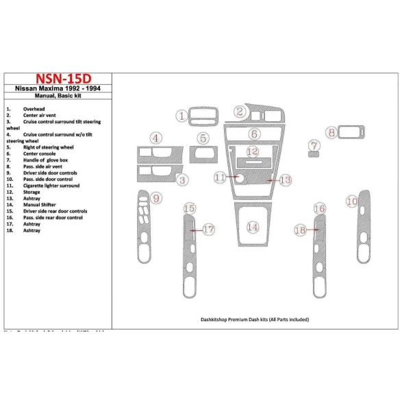 Nissan Maxima 1992-1994 Manual Gearbox, Basic Set, 18 Parts set Interior BD Dash Trim Kit