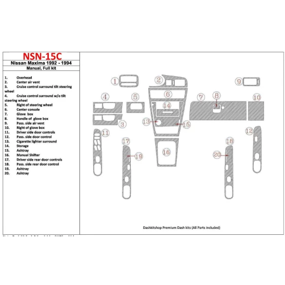 Nissan Maxima 1992-1994 Manual Gearbox, Full Set, 20 Parts set Interior BD Dash Trim Kit