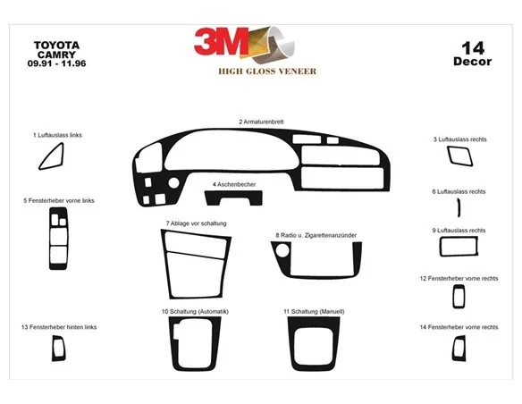 Toyota Camry 09.91-11.97 3D Interior Dashboard Trim Kit Dash Trim Dekor 14-Parts