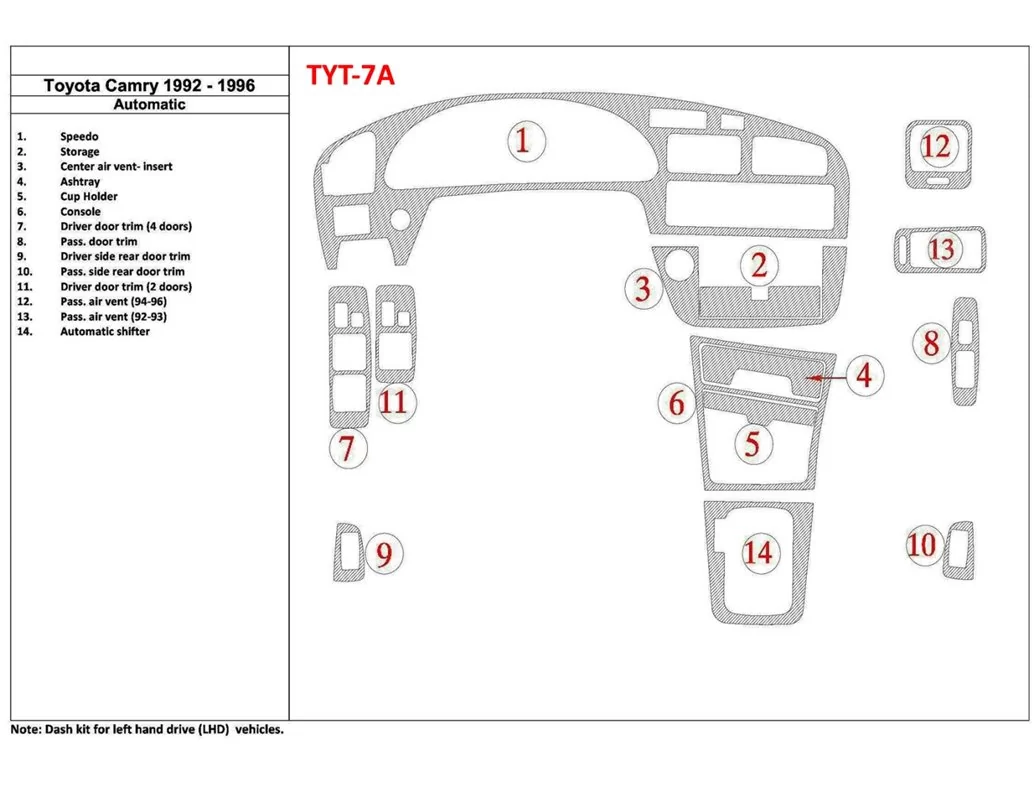 Toyota Camry 1992-1996 Automatic Gearbox, 14 Parts set Interior BD Dash Trim Kit - 1 - Interior Dash Trim Kit