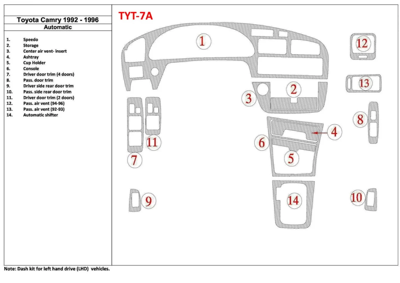 Toyota Camry 1992-1996 Automatic Gearbox, 14 Parts set Interior BD Dash Trim Kit - 1 - Interior Dash Trim Kit