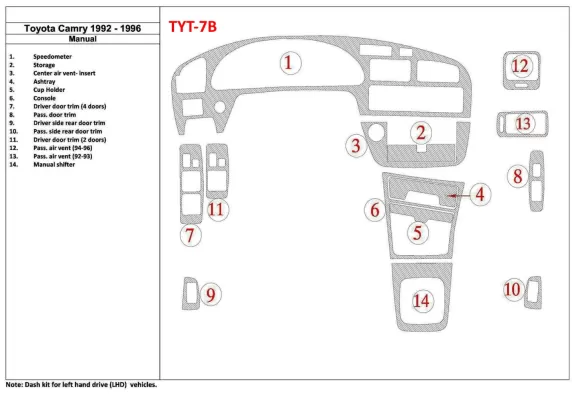 Toyota Camry 1992-1996 Manual Gearbox, 14 Parts set Interior BD Dash Trim Kit - 1 - Interior Dash Trim Kit