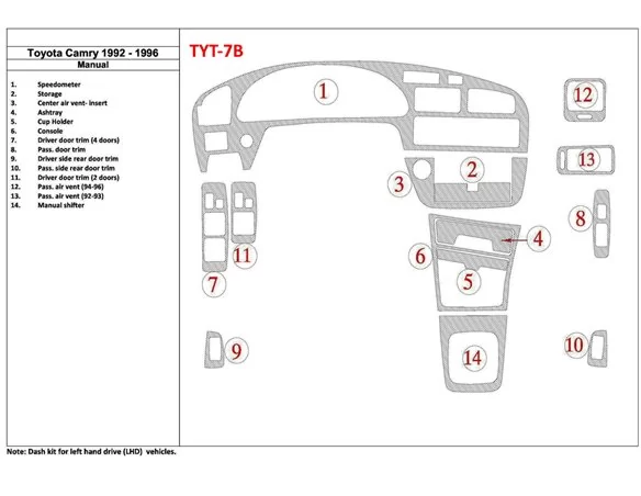 Toyota Camry 1992-1996 Manual Gearbox, 14 Parts set Interior BD Dash Trim Kit - 1 - Interior Dash Trim Kit