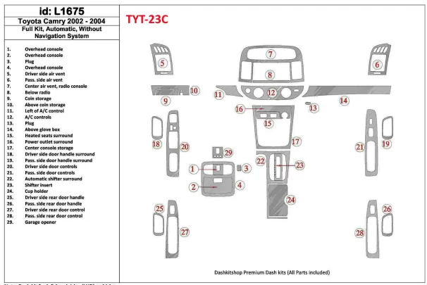 Toyota Camry 2002-2004 Full Set, Automatic Gear, Without NAVI system, Without OEM Interior BD Dash Trim Kit - 1 - Interior Dash 