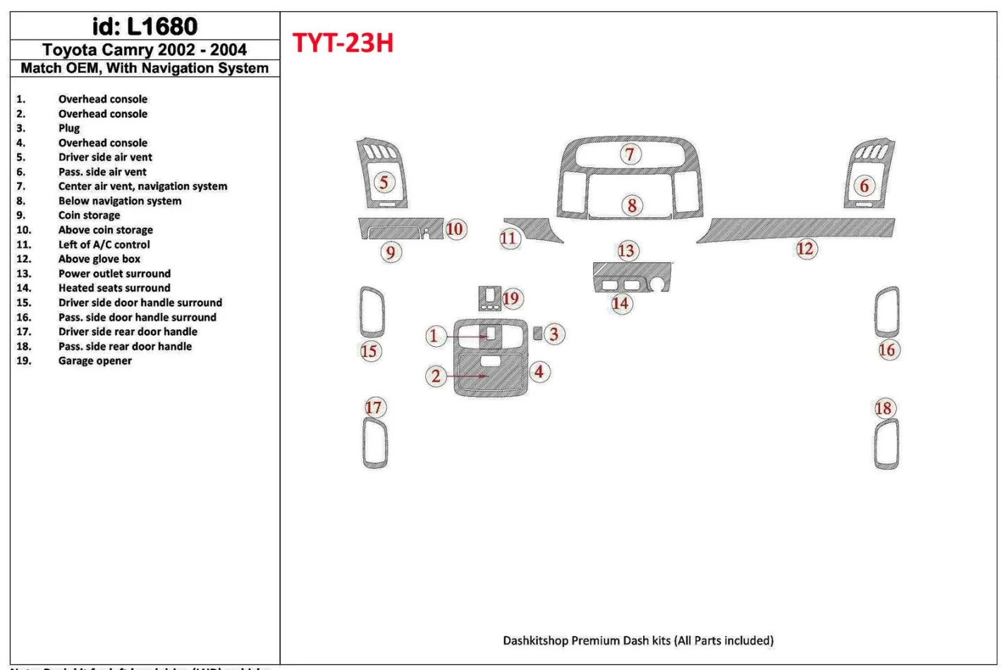 Toyota Camry 2002-2004 OEM Compliance, With NAVI system Interior BD Dash Trim Kit - 1 - Interior Dash Trim Kit